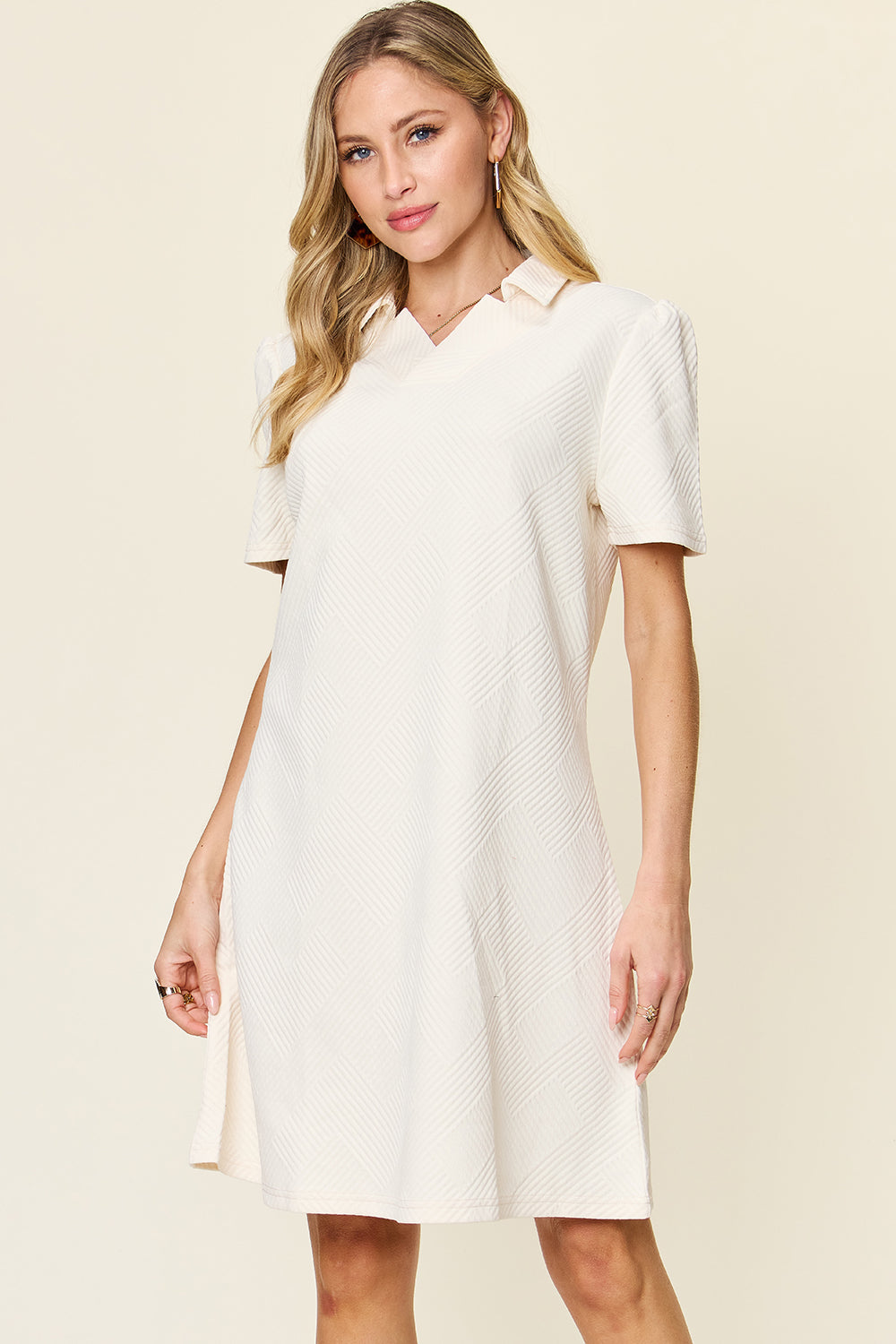 Full Size Texture Collared Neck Short Sleeve Dress