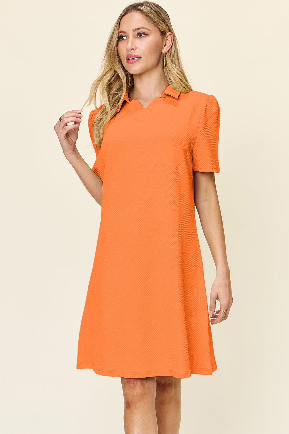 Full Size Texture Collared Neck Short Sleeve Dress