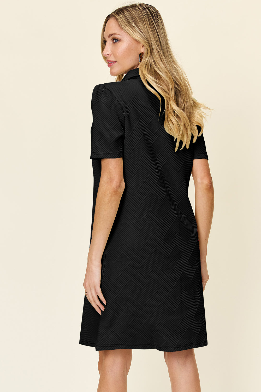 Full Size Texture Collared Neck Short Sleeve Dress