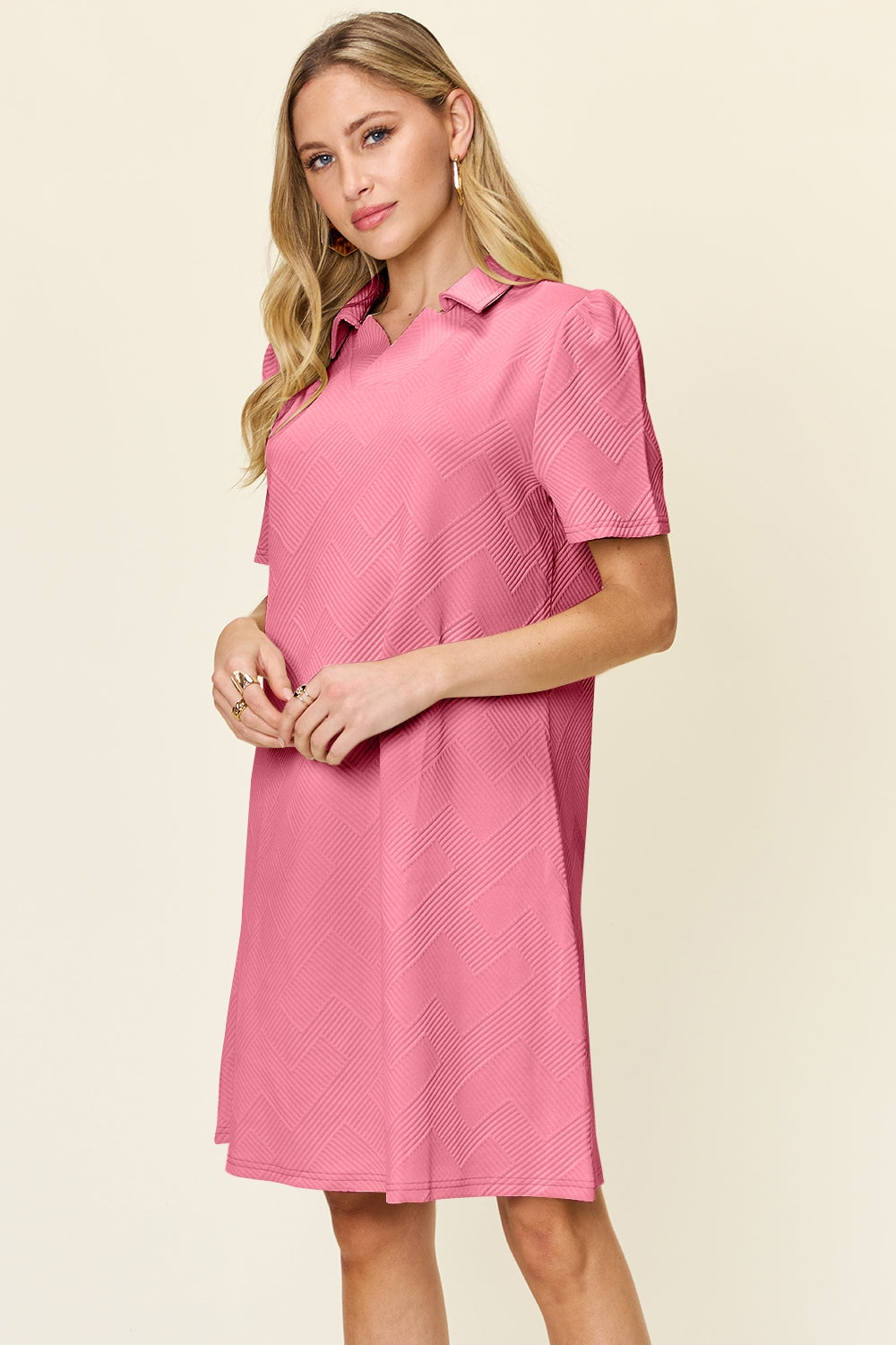 Full Size Texture Collared Neck Short Sleeve Dress