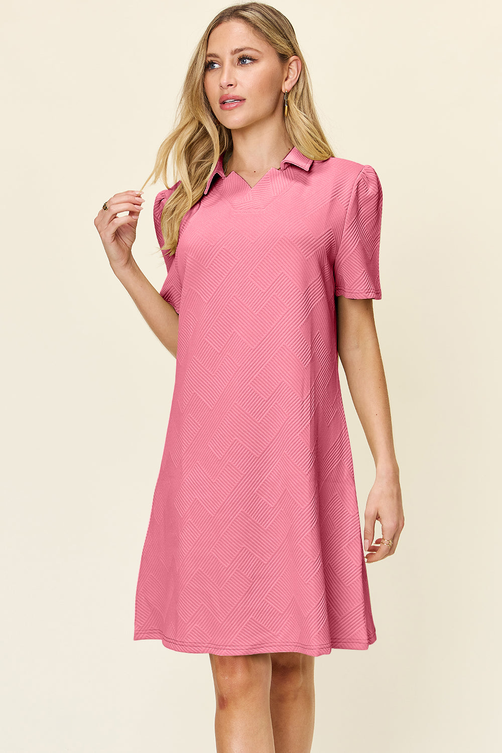 Full Size Texture Collared Neck Short Sleeve Dress