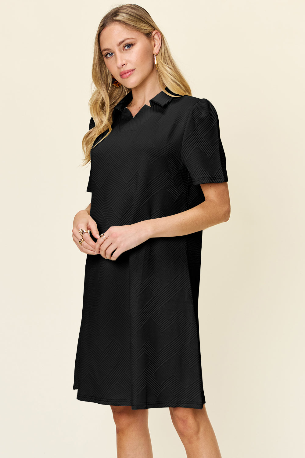 Full Size Texture Collared Neck Short Sleeve Dress