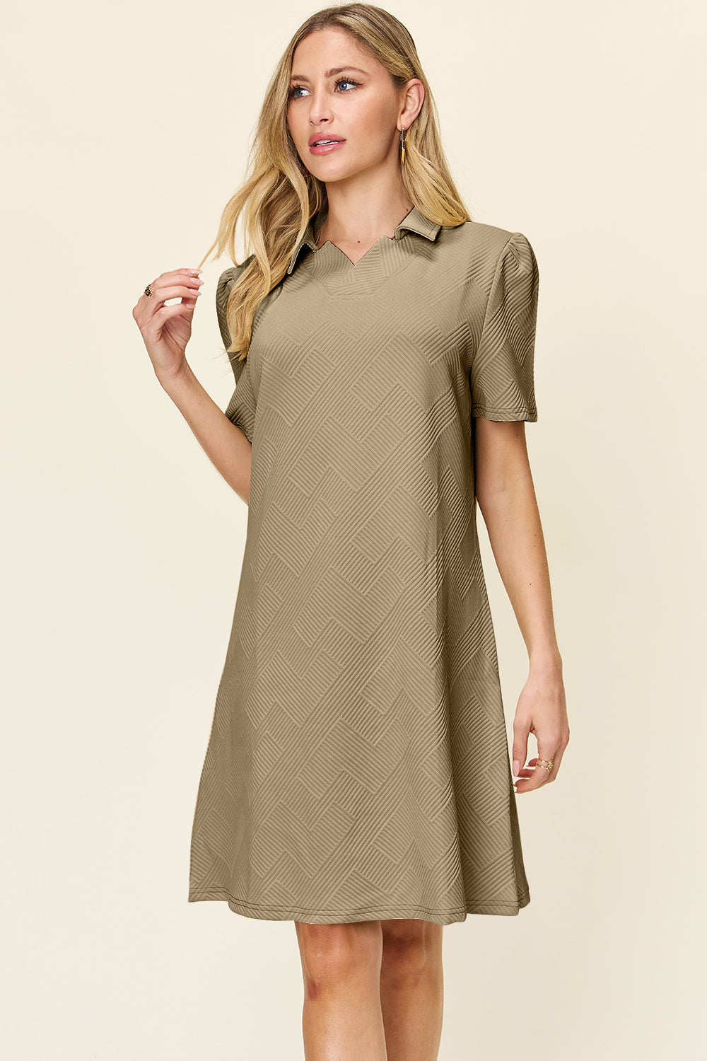 Full Size Texture Collared Neck Short Sleeve Dress