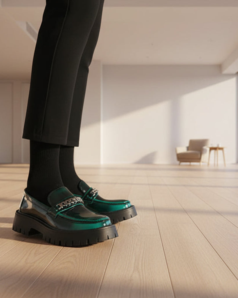 Green glossy loafers with thick soles worn with black pants and socks on a white background.