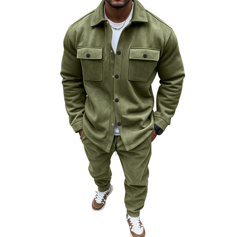 Green jacket and pants set worn by a person on a white background