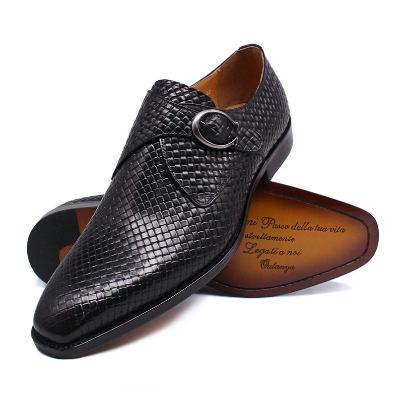 Classic Monk Strap Buckle Dress Shoes Genuine Leather Luxury Plaid Print  Formal Shoes for Men