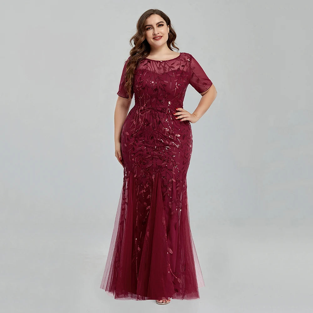 Women Plus Size Sequin Mesh Embroidery Mermaid New Long Dress