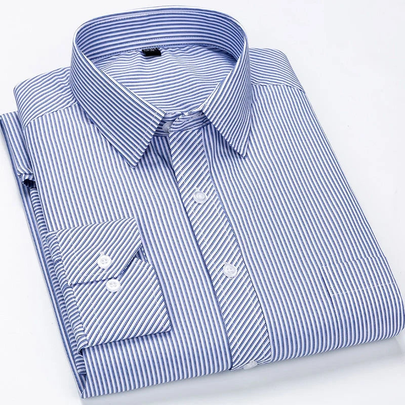Men's Casual Business Long Sleeved Shirt, Classic Plaid Striped