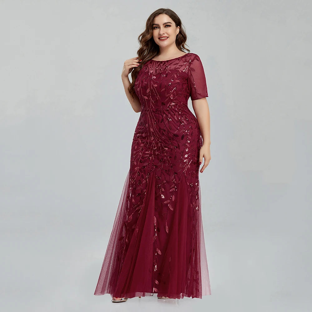 Women Plus Size Sequin Mesh Embroidery Mermaid New Long Dress