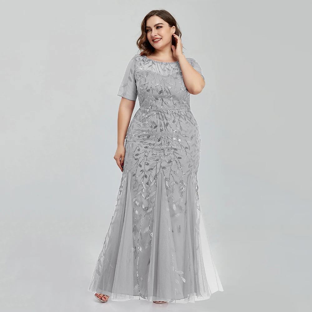 Women Plus Size Sequin Mesh Embroidery Mermaid New Long Dress