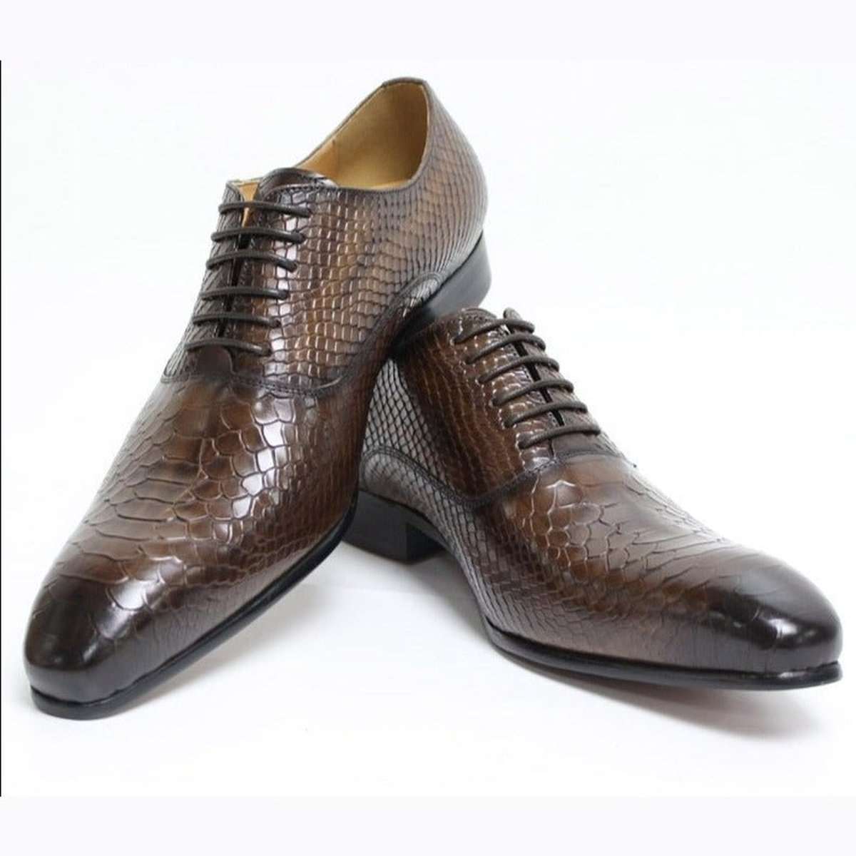 Lace Up Luxury Men Oxford Shoes with Snake Skin Prints & Pointed Toe