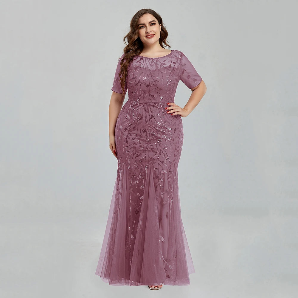 Women Plus Size Sequin Mesh Embroidery Mermaid New Long Dress
