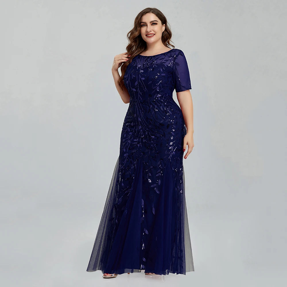 Women Plus Size Sequin Mesh Embroidery Mermaid New Long Dress