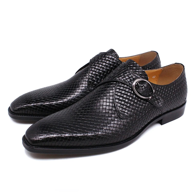 Classic Monk Strap Buckle Dress Shoes Genuine Leather Luxury Plaid Print  Formal Shoes for Men