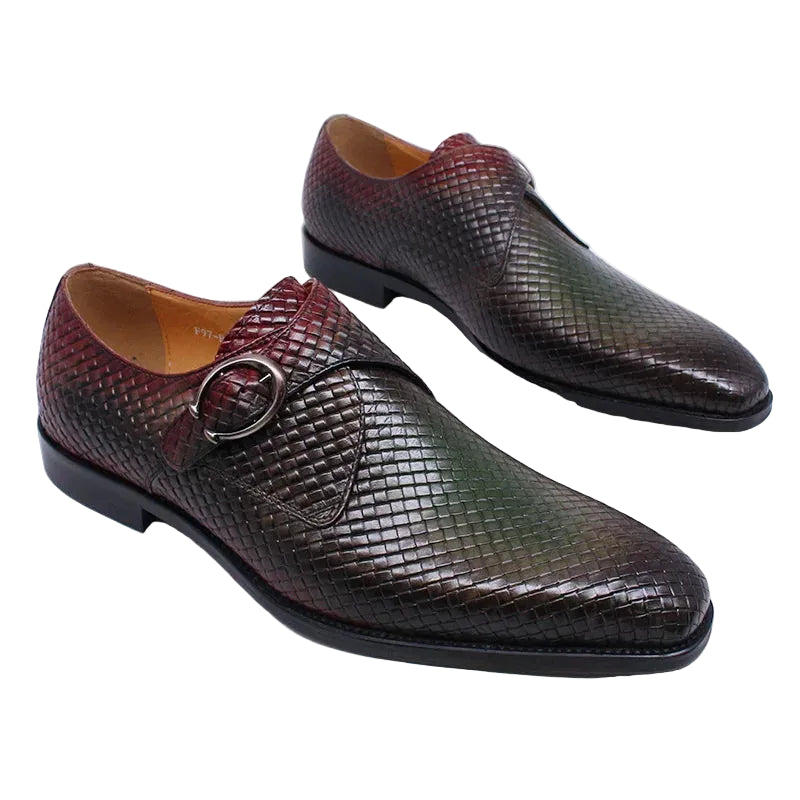 Classic Monk Strap Buckle Dress Shoes Genuine Leather Luxury Plaid Print  Formal Shoes for Men