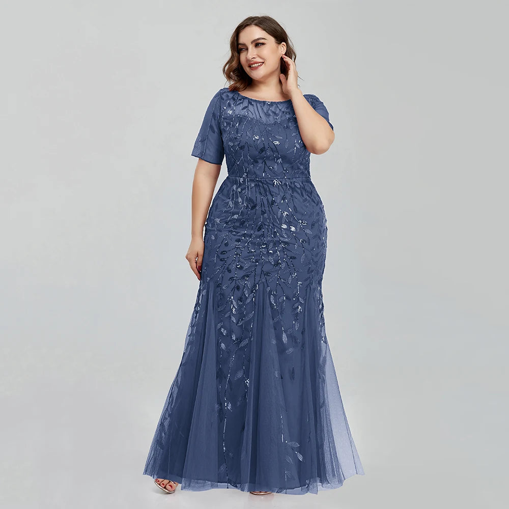 Women Plus Size Sequin Mesh Embroidery Mermaid New Long Dress