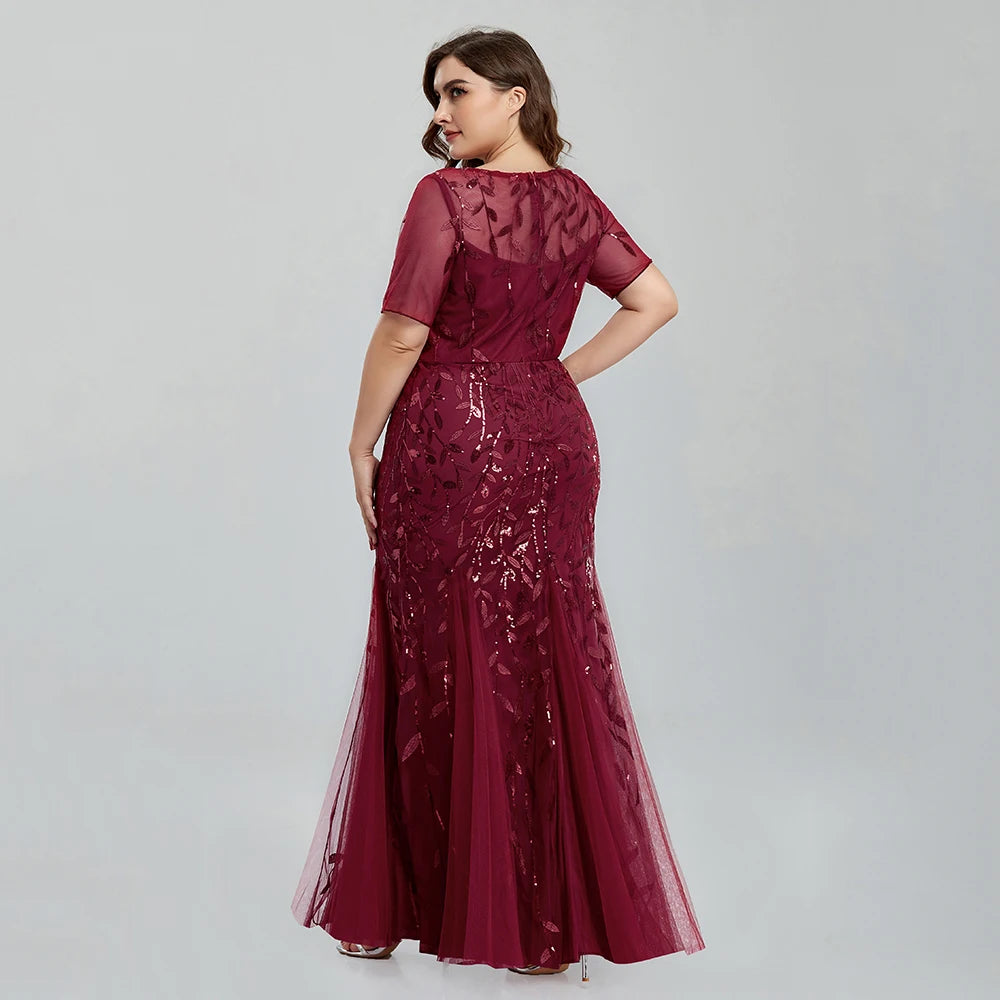 Women Plus Size Sequin Mesh Embroidery Mermaid New Long Dress