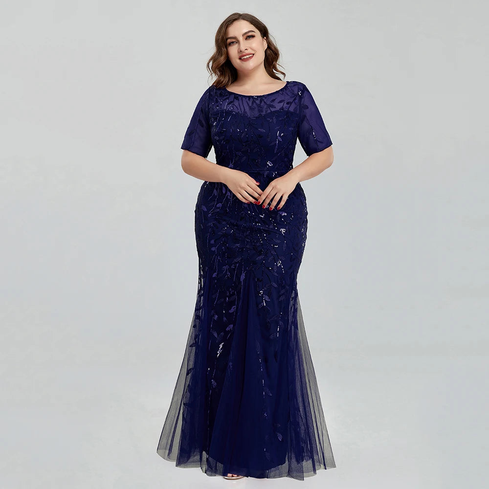 Women Plus Size Sequin Mesh Embroidery Mermaid New Long Dress