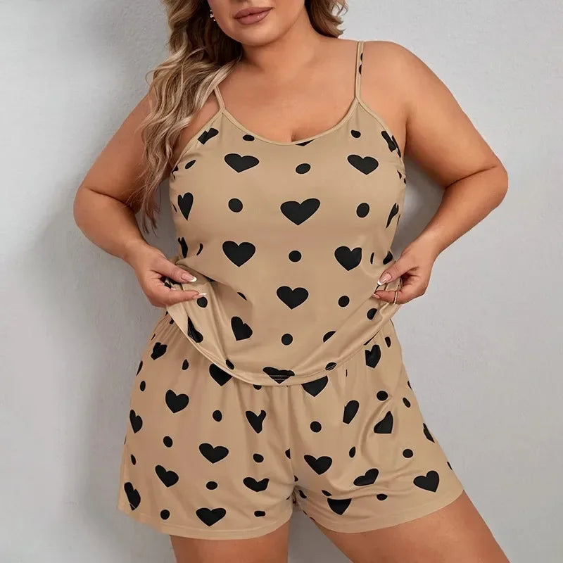 Heart Print Plus Size Women's Pajama Set Sleeveless Crop Top & Shorts