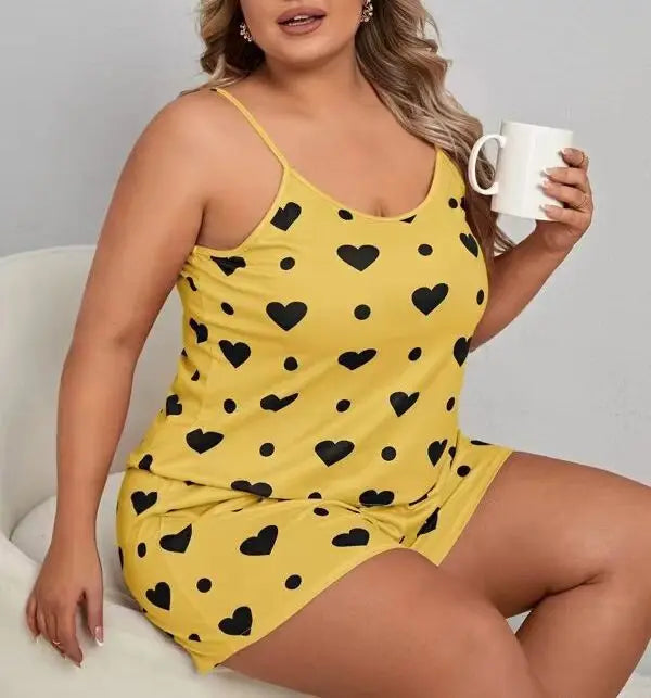 Heart Print Plus Size Women's Pajama Set Sleeveless Crop Top & Shorts