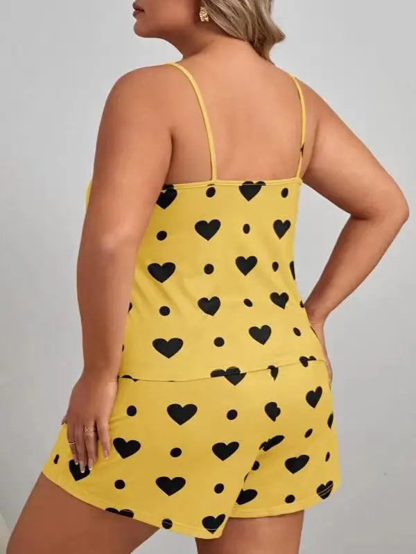Heart Print Plus Size Women's Pajama Set Sleeveless Crop Top & Shorts