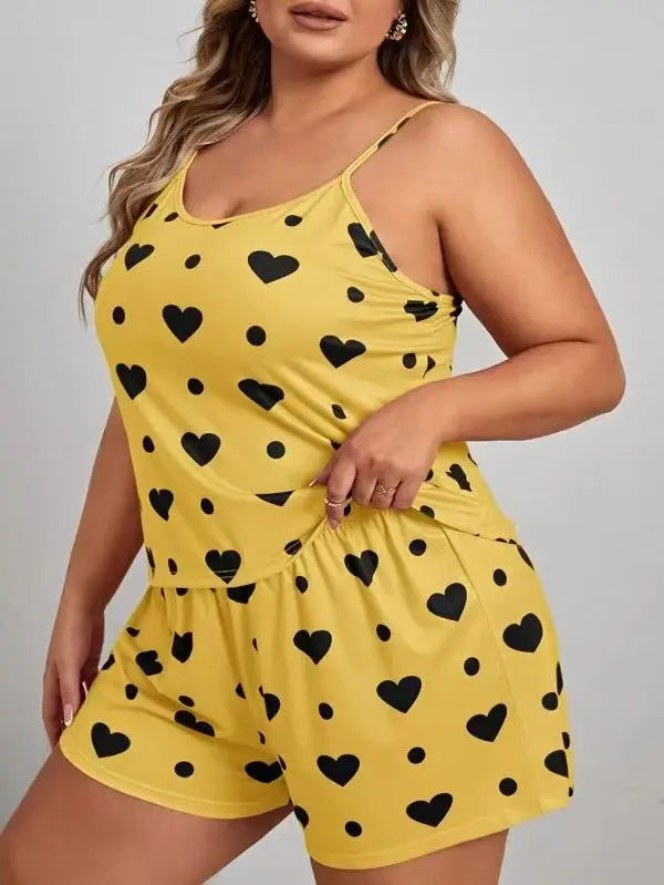 Heart Print Plus Size Women's Pajama Set Sleeveless Crop Top & Shorts