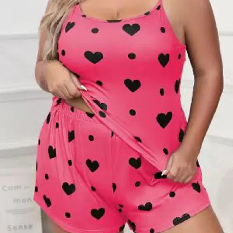 Heart Print Plus Size Women's Pajama Set Sleeveless Crop Top & Shorts