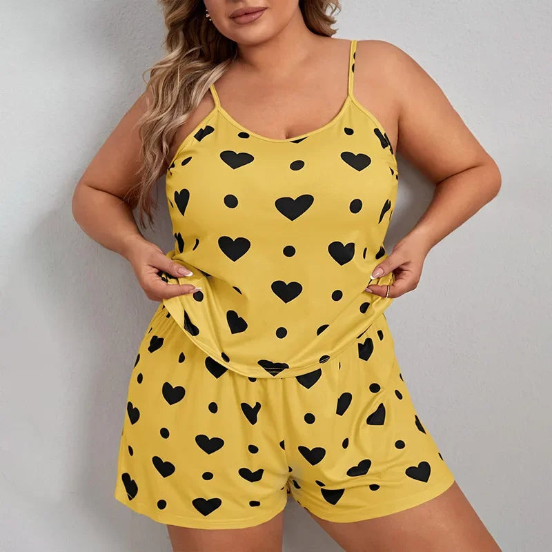 Heart Print Plus Size Women's Pajama Set Sleeveless Crop Top & Shorts