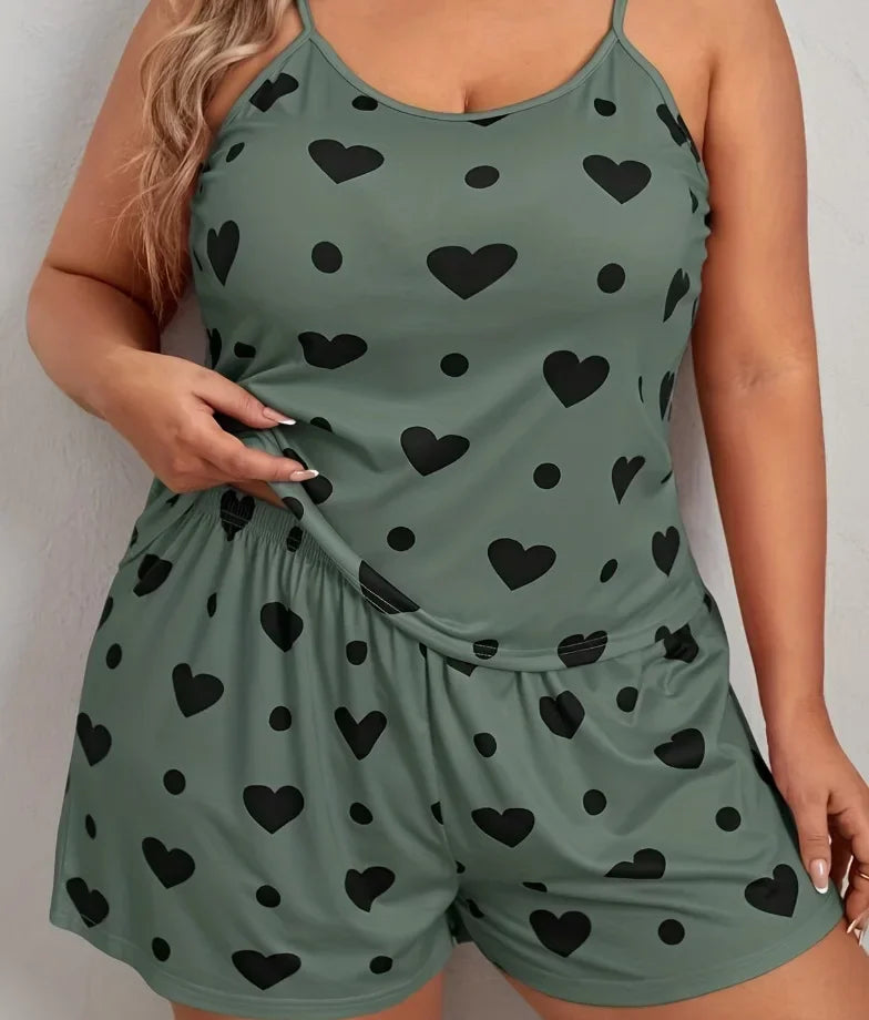 Heart Print Plus Size Women's Pajama Set Sleeveless Crop Top & Shorts