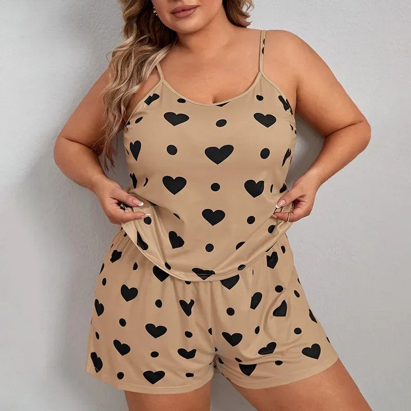 Heart Print Plus Size Women's Pajama Set Sleeveless Crop Top & Shorts