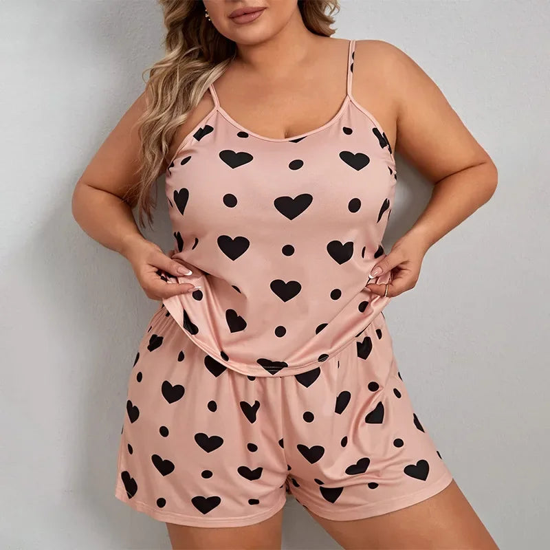 Heart Print Plus Size Women's Pajama Set Sleeveless Crop Top & Shorts
