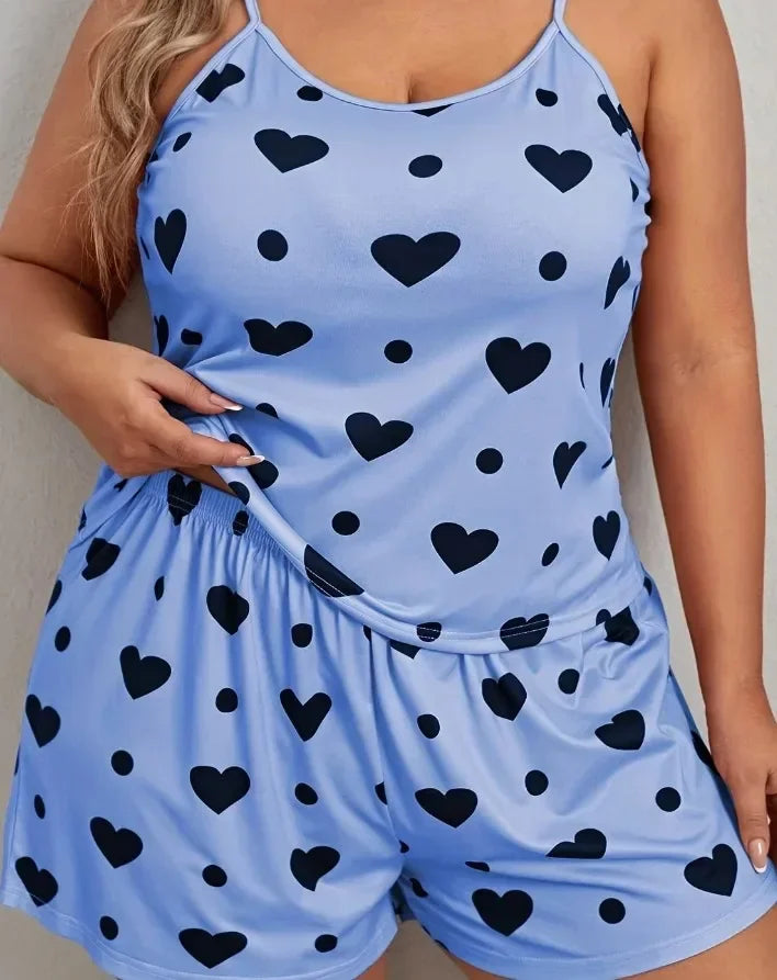 Heart Print Plus Size Women's Pajama Set Sleeveless Crop Top & Shorts