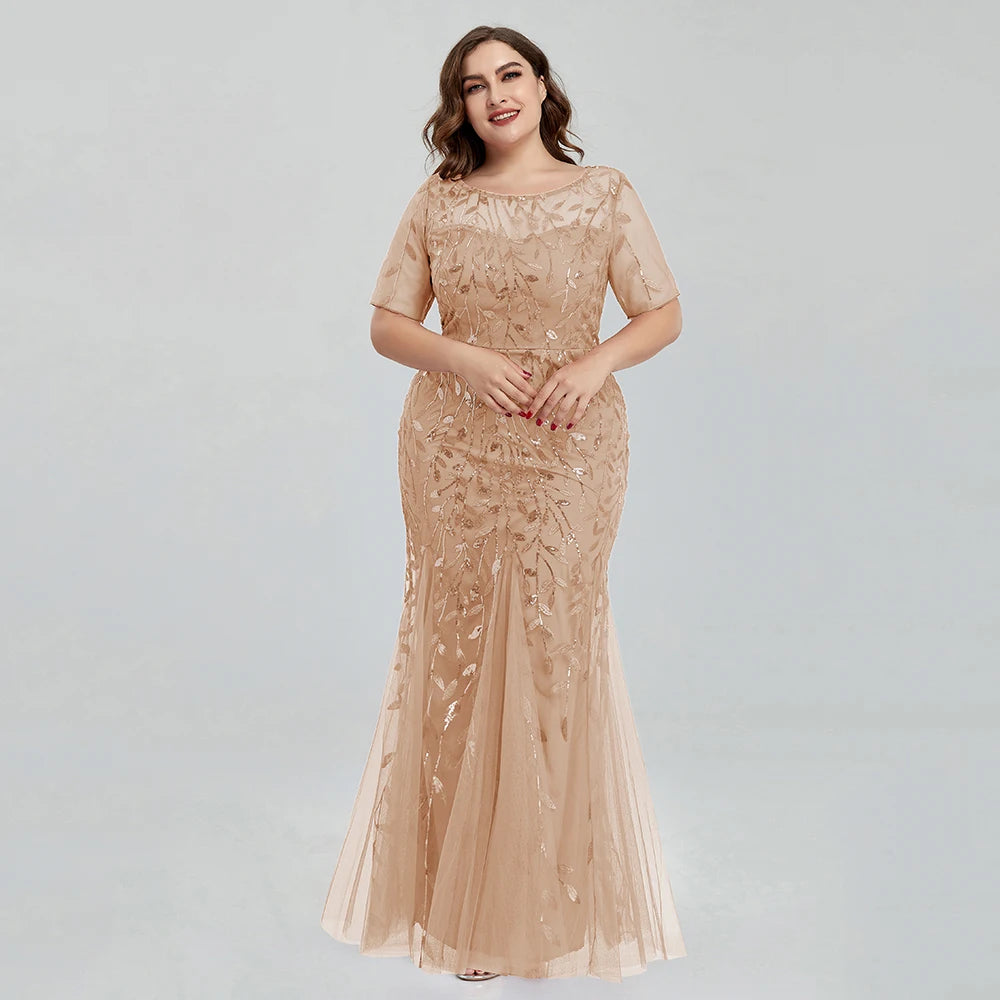 Women Plus Size Sequin Mesh Embroidery Mermaid New Long Dress