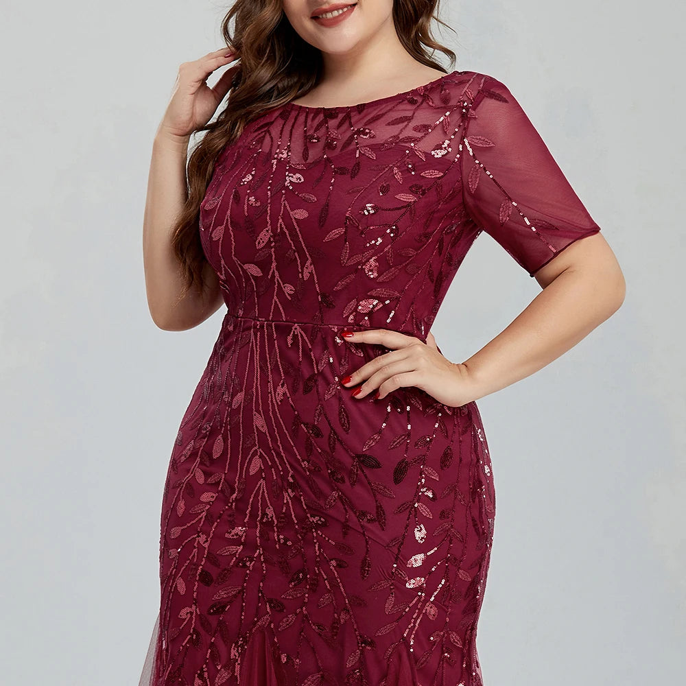 Women Plus Size Sequin Mesh Embroidery Mermaid New Long Dress