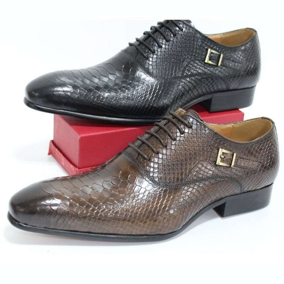 Lace Up Luxury Men Oxford Shoes with Snake Skin Prints & Pointed Toe