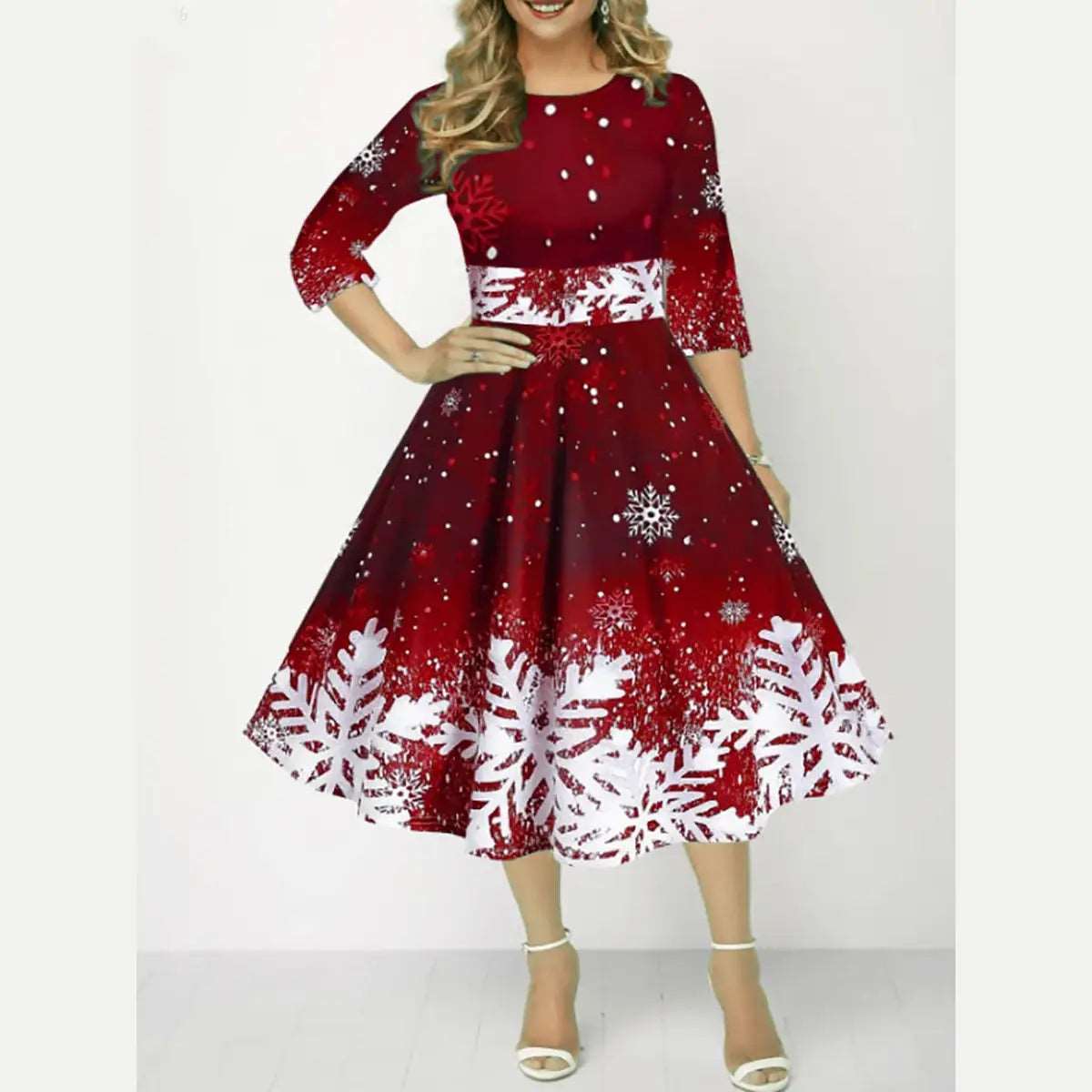 High Waist Fashion Christmas Print Dress for Women