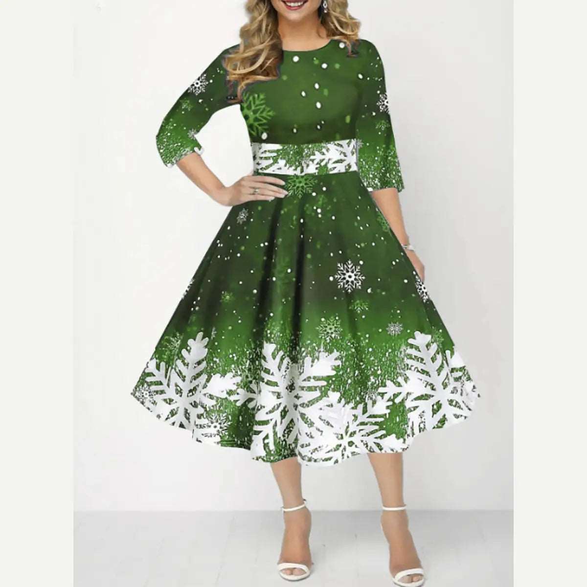 High Waist Fashion Christmas Print Dress for Women