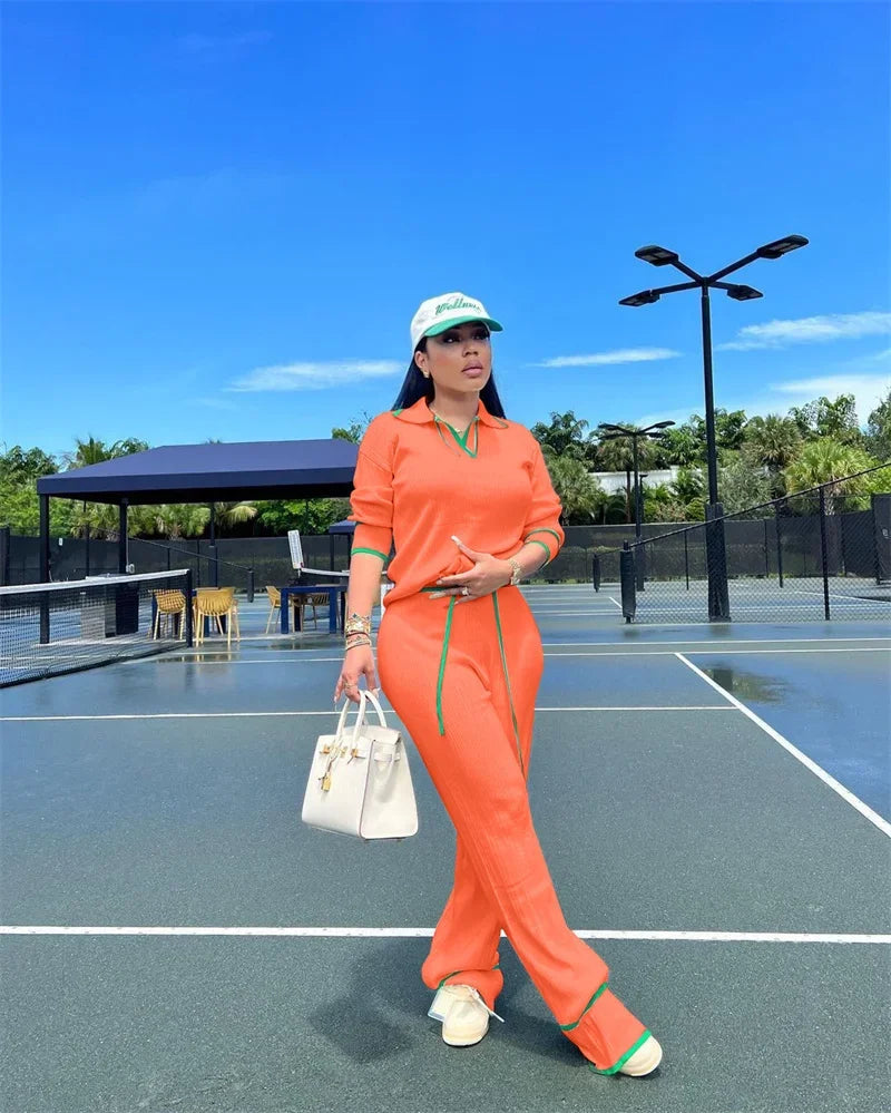 Knitted Casual Tracksuit for Women Two Piece Set Sporty Fitness Stripe