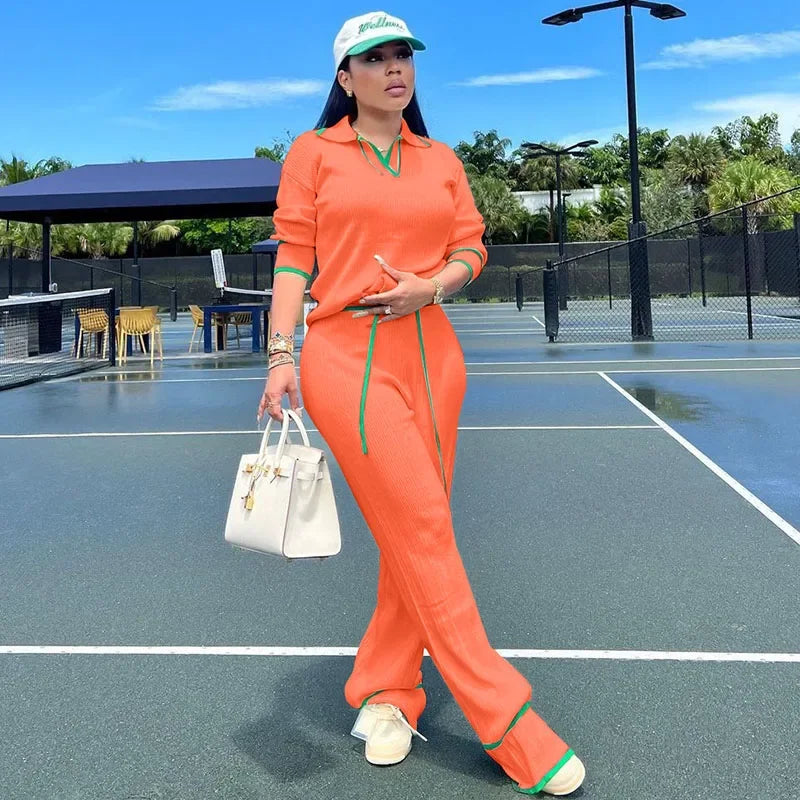 Knitted Casual Tracksuit for Women Two Piece Set Sporty Fitness Stripe