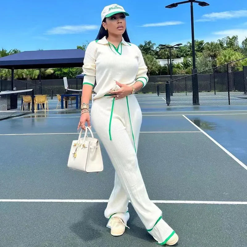 Knitted Casual Tracksuit for Women Two Piece Set Sporty Fitness Stripe