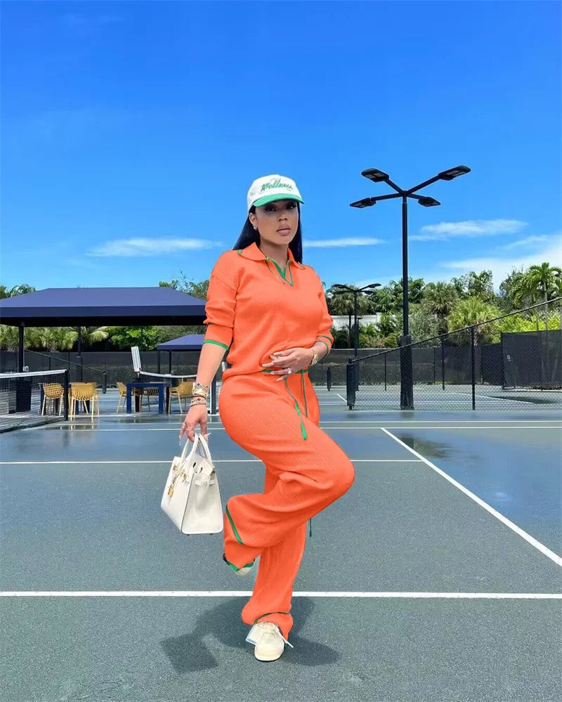 Knitted Casual Tracksuit for Women Two Piece Set Sporty Fitness Stripe