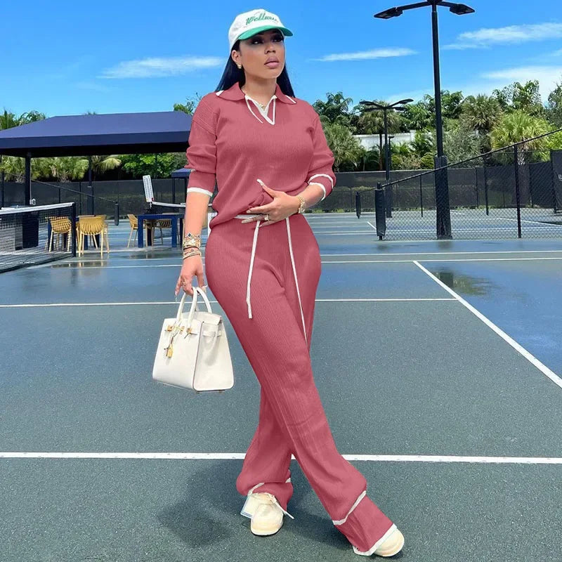 Knitted Casual Tracksuit for Women Two Piece Set Sporty Fitness Stripe