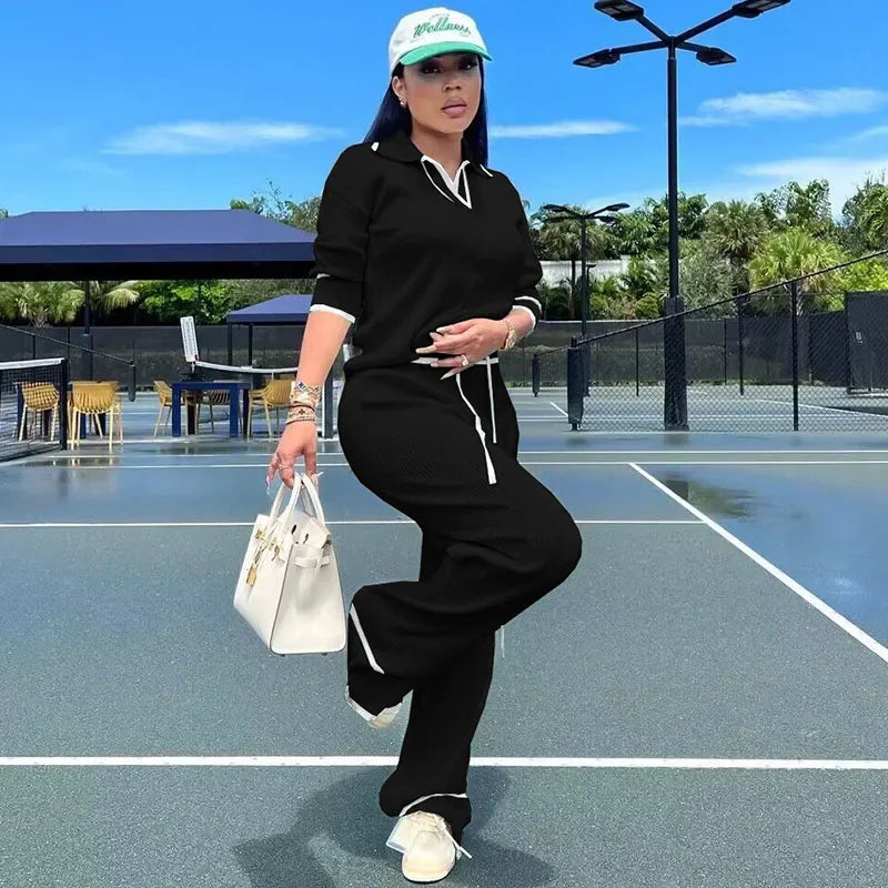 Knitted Casual Tracksuit for Women Two Piece Set Sporty Fitness Stripe