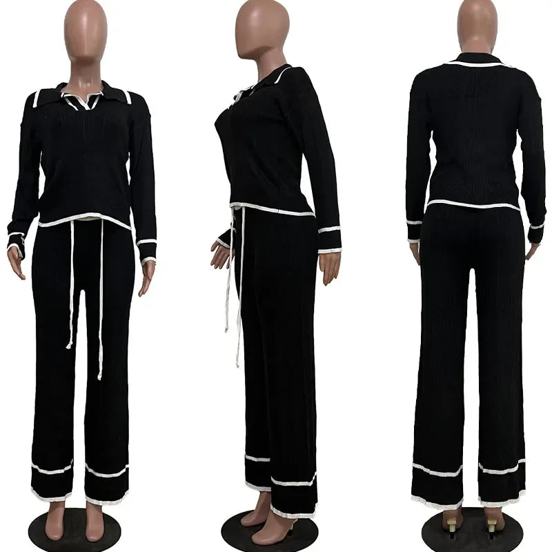 Knitted Casual Tracksuit for Women Two Piece Set Sporty Fitness Stripe