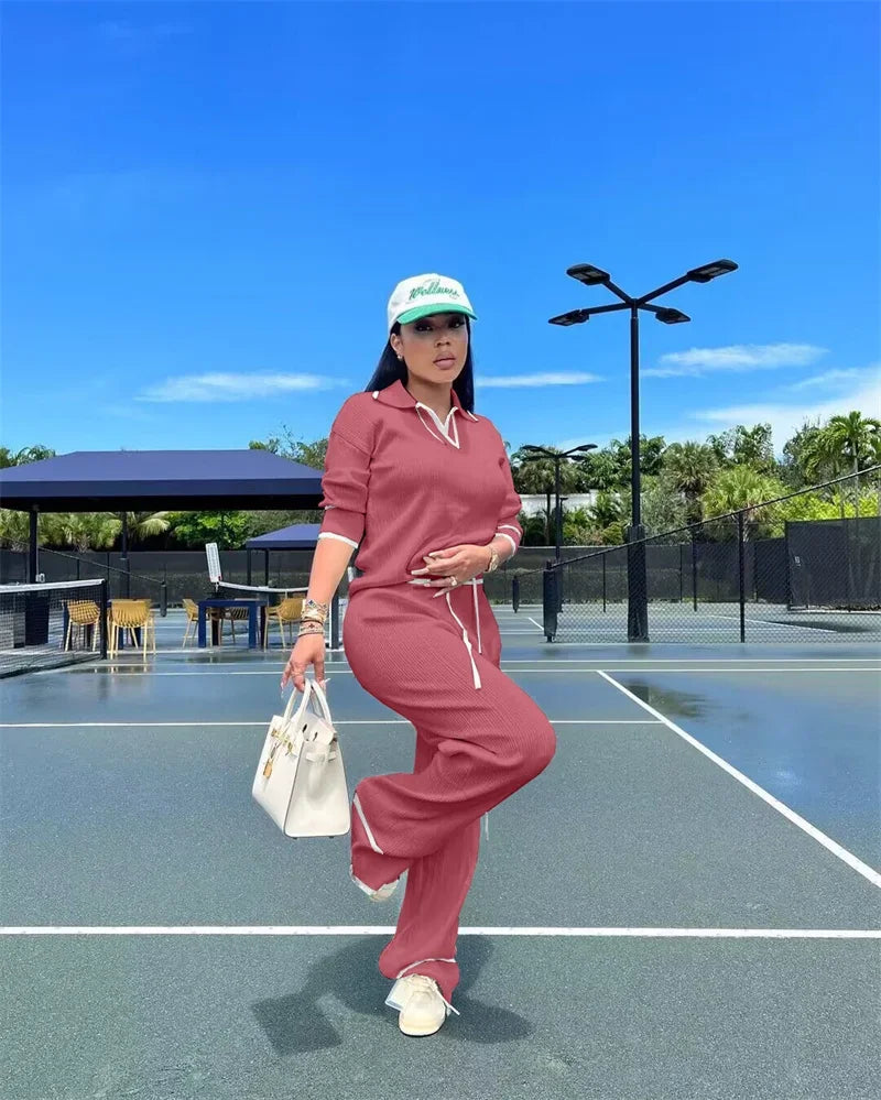 Knitted Casual Tracksuit for Women Two Piece Set Sporty Fitness Stripe