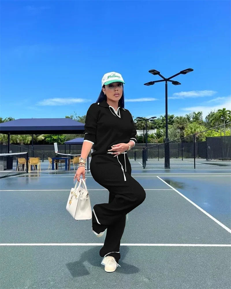 Knitted Casual Tracksuit for Women Two Piece Set Sporty Fitness Stripe