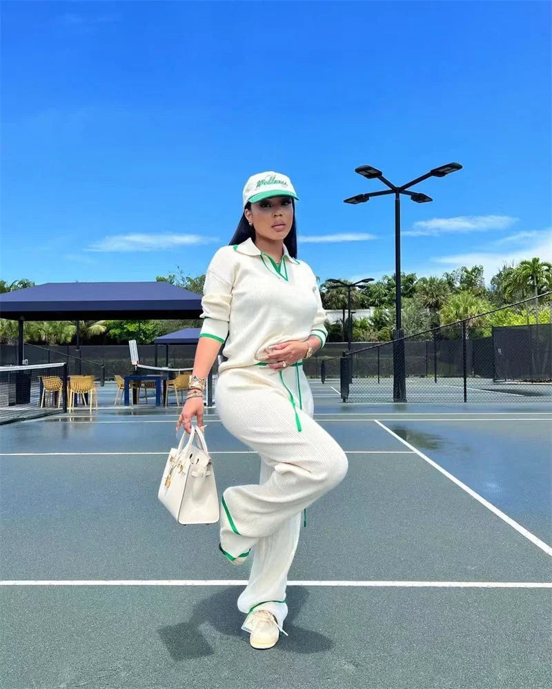 Knitted Casual Tracksuit for Women Two Piece Set Sporty Fitness Stripe