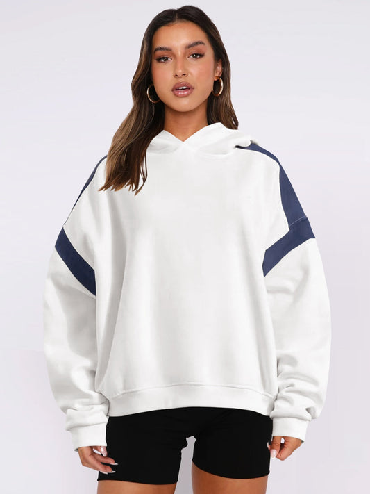 Ladies Contrast Dropped Shoulder Long Sleeve Hoodie Pullover