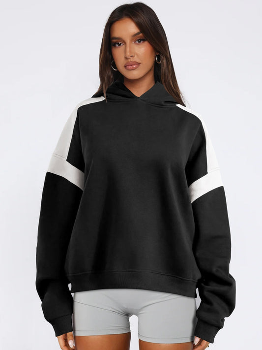Ladies Contrast Dropped Shoulder Long Sleeve Hoodie Pullover
