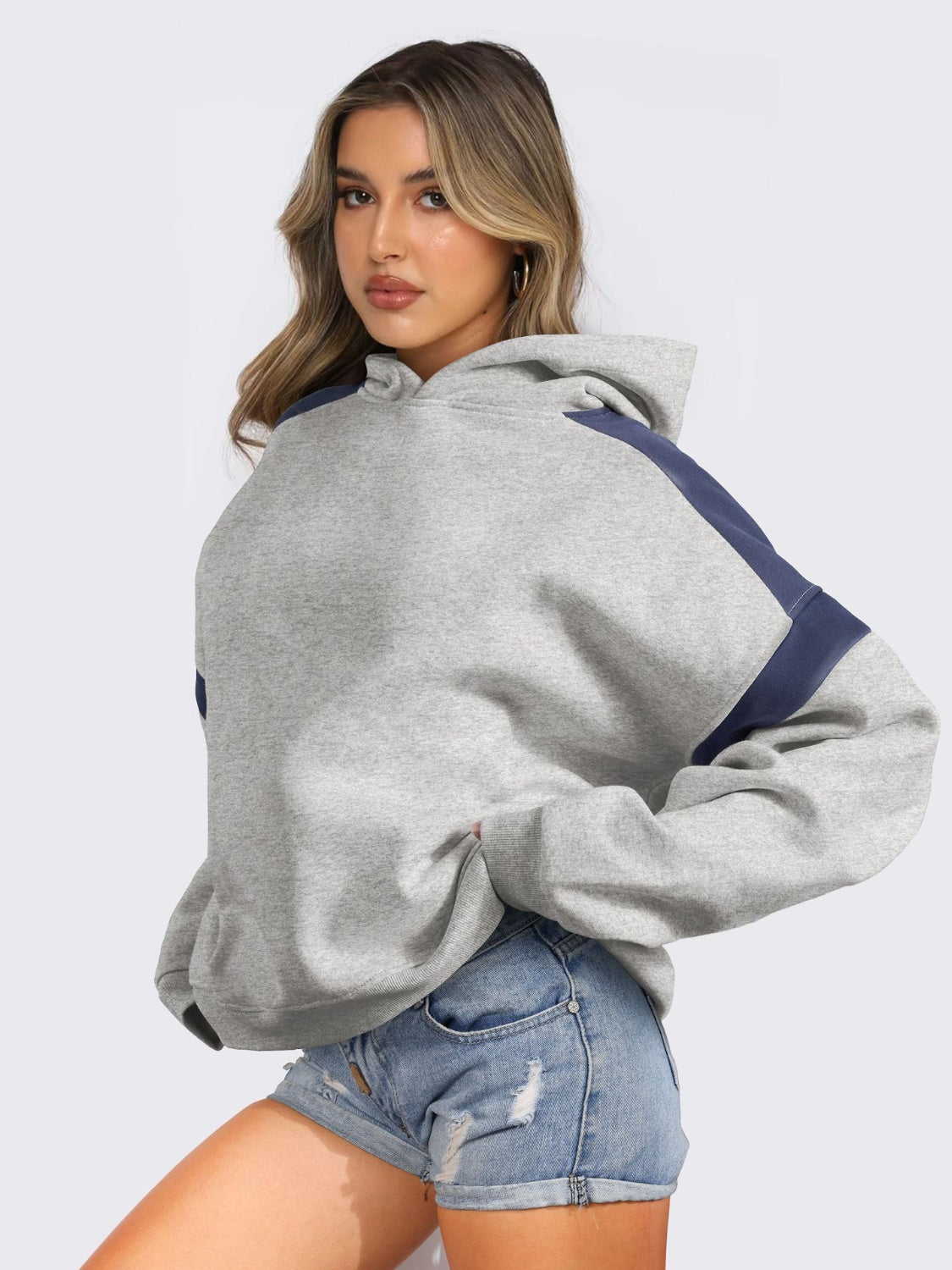 Ladies Contrast Dropped Shoulder Long Sleeve Hoodie Pullover